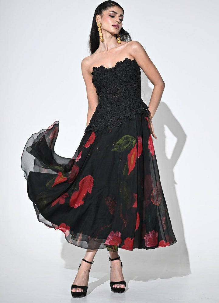 Juhi Bengani Black Lace Organza Corset Midi DressFabilicious Fashion