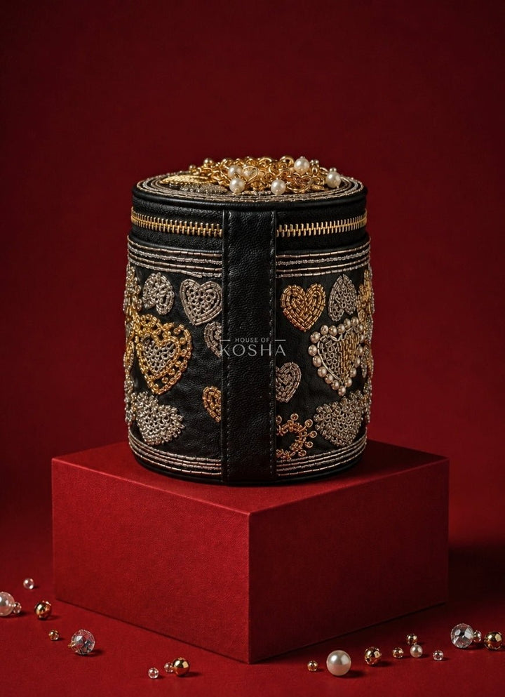 House of Kosha Black Leather Embroidered Cylinder Mini BagFabilicious Fashion