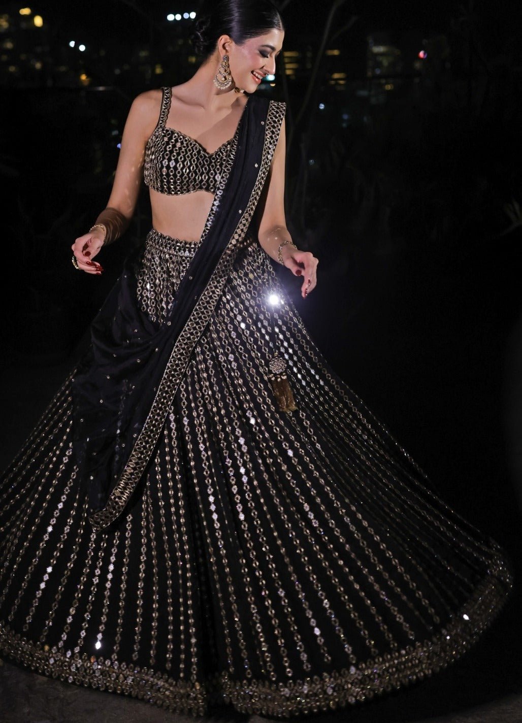 Vvani by Vani Vats Black Linear Lehenga With Embroidered Sleeveless BlouseFabilicious Fashion