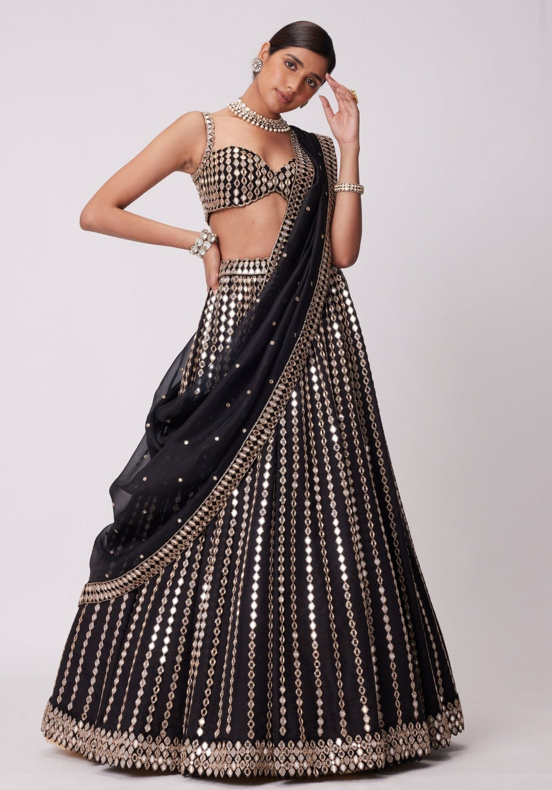 Black Linear Lehenga With Embroidered Sleeveless Blouse Vvani by Vani Vats - Fabilicious Fashion