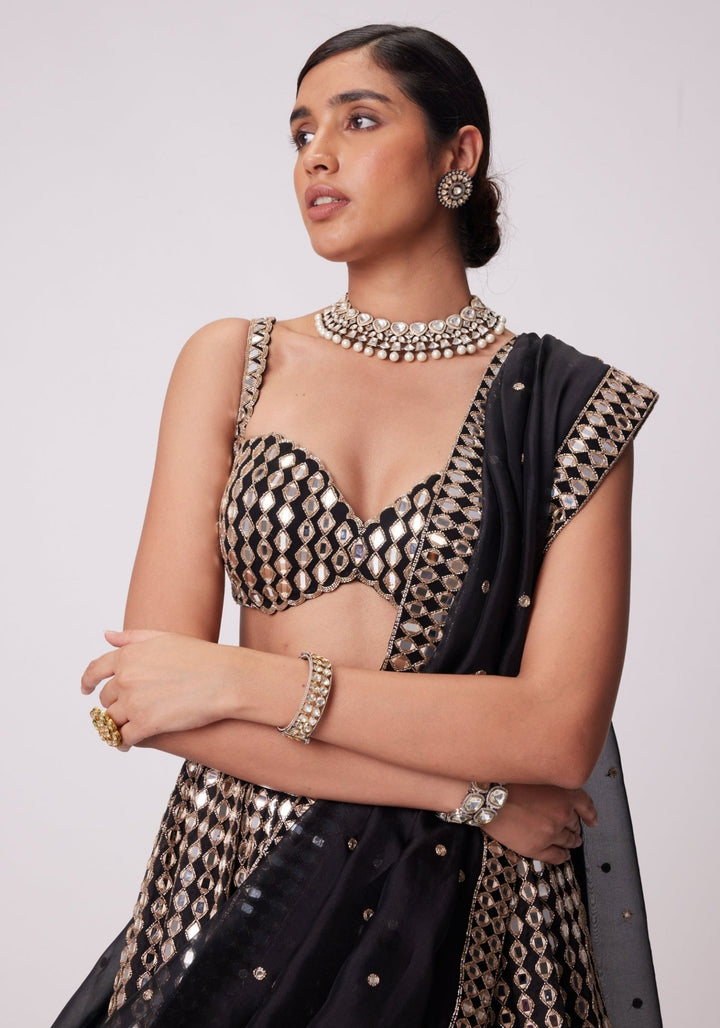 Black Linear Lehenga With Embroidered Sleeveless Blouse Vvani by Vani Vats - Fabilicious Fashion