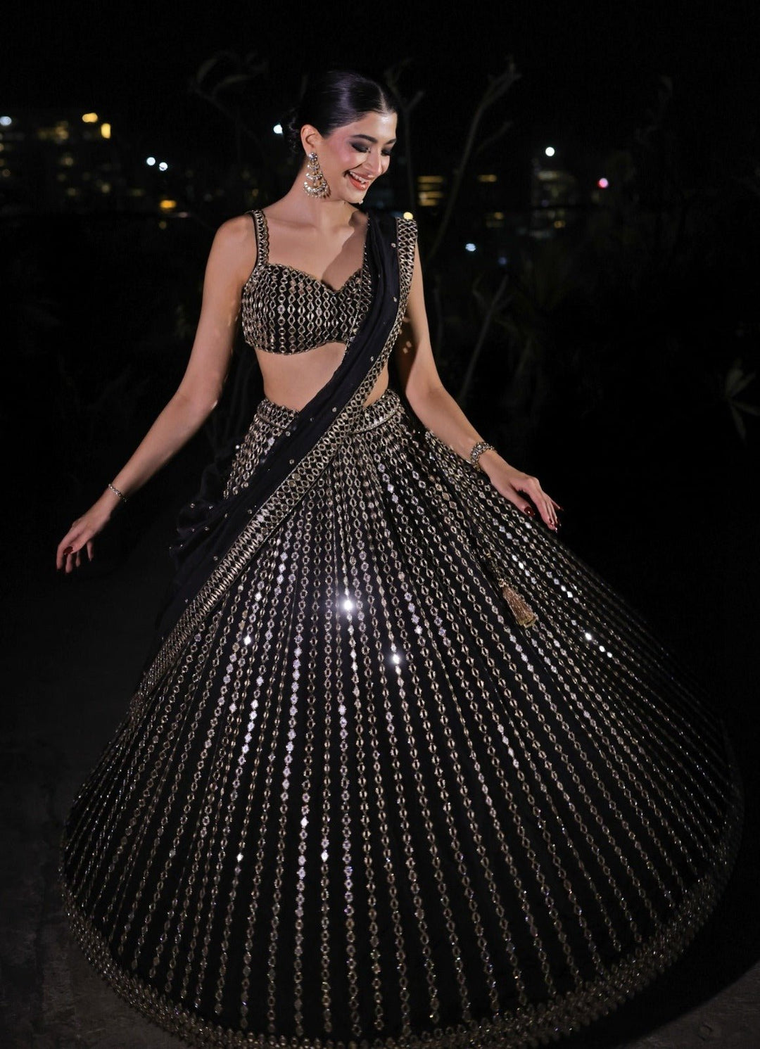 Vvani by Vani Vats Black Linear Lehenga With Embroidered Sleeveless BlouseFabilicious Fashion