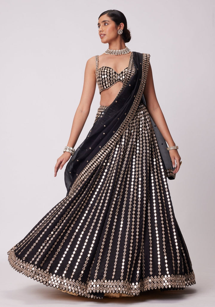Black Linear Lehenga With Embroidered Sleeveless Blouse Vvani by Vani Vats - Fabilicious Fashion