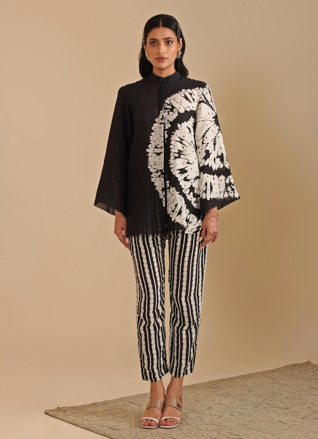 Black Linen Printed Geometric Band Collar Shirt Kurta Pant Set Soup By Sougat Paul - Fabilicious Fashion