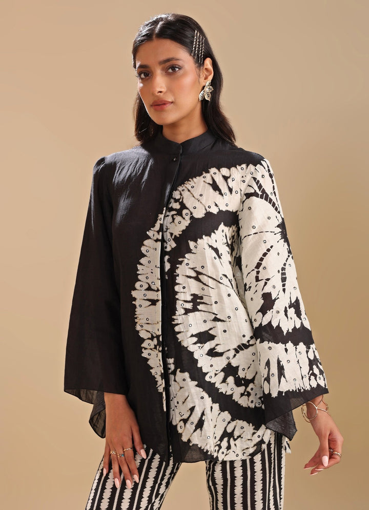 Black Linen Printed Geometric Band Collar Shirt Kurta Pant Set Soup By Sougat Paul - Fabilicious Fashion