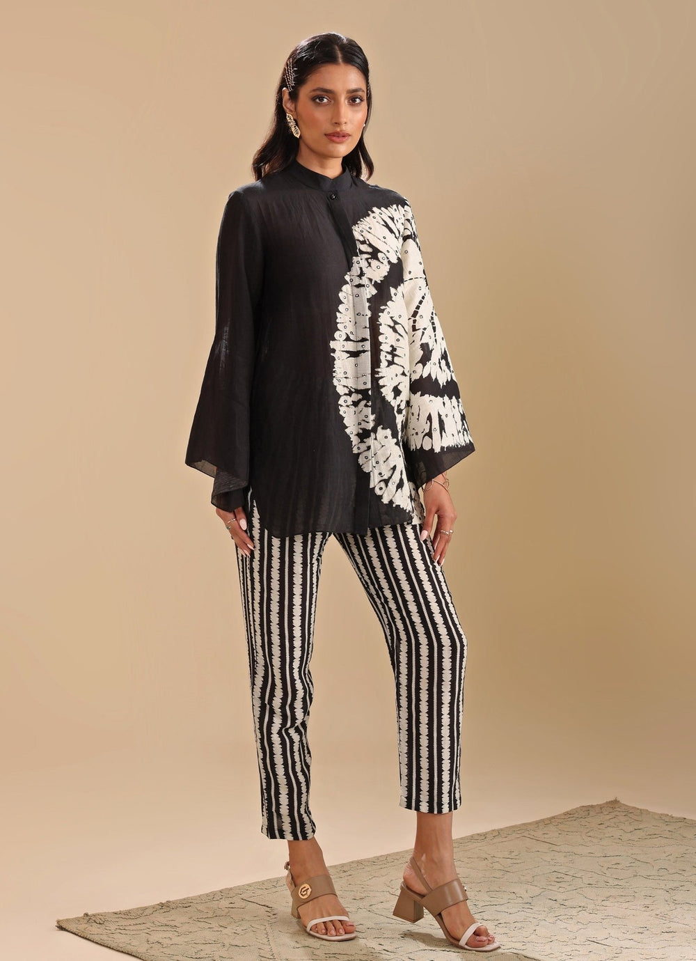 Black Linen Printed Geometric Band Collar Shirt Kurta Pant Set Soup By Sougat Paul - Fabilicious Fashion