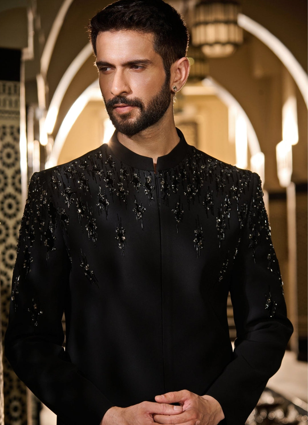 Contrast by Parth Black Lycra Suiting Bandhgala SetFabilicious Fashion