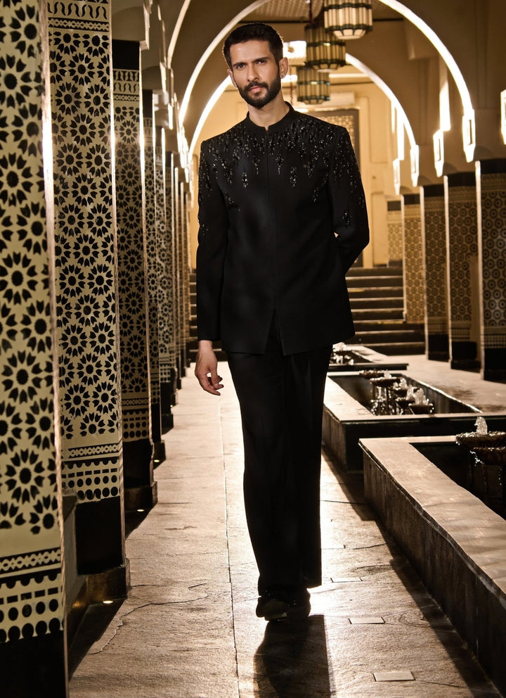 Contrast by Parth Black Lycra Suiting Bandhgala SetFabilicious Fashion