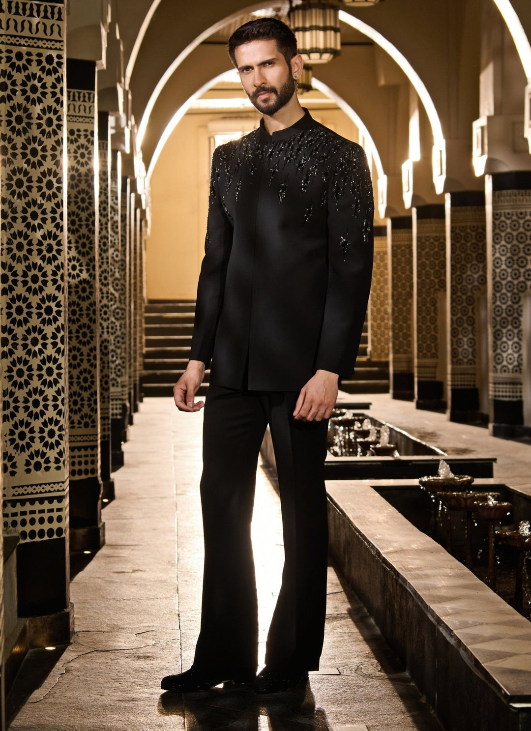 Contrast by Parth Black Lycra Suiting Bandhgala SetFabilicious Fashion