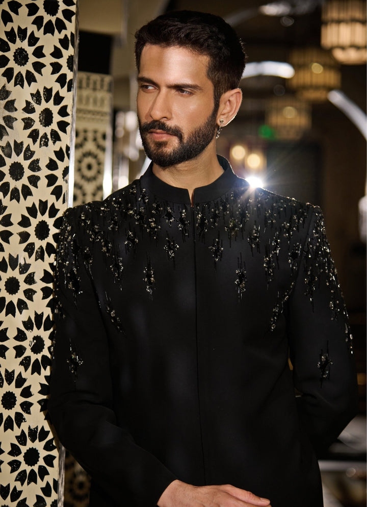 Contrast by Parth Black Lycra Suiting Bandhgala SetFabilicious Fashion