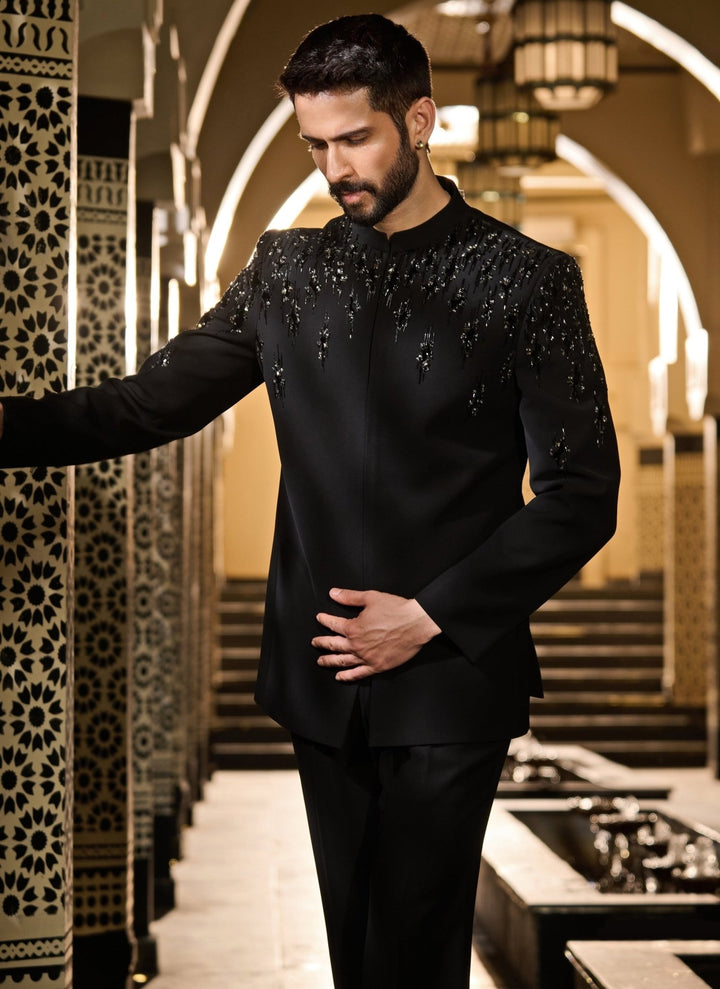Contrast by Parth Black Lycra Suiting Bandhgala SetFabilicious Fashion