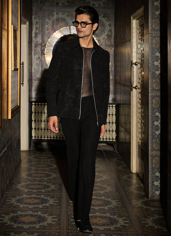 Contrast by Parth Black Lycra Suiting Bomber Jacket SetFabilicious Fashion