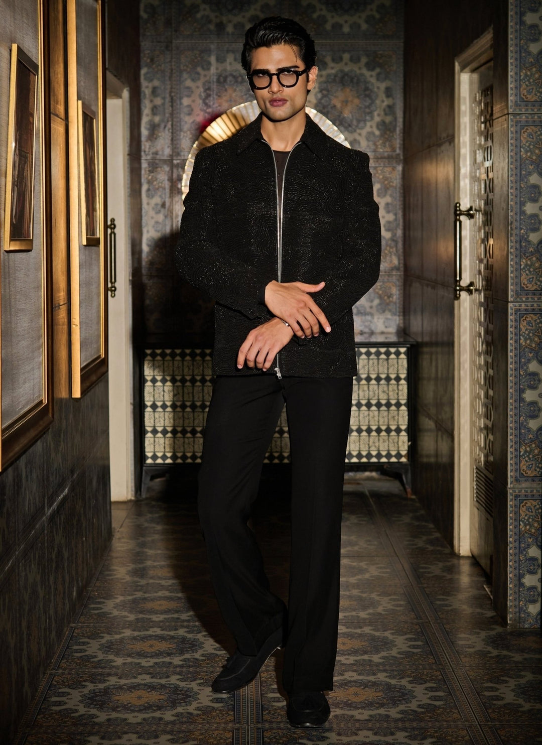 Contrast by Parth Black Lycra Suiting Bomber Jacket SetFabilicious Fashion