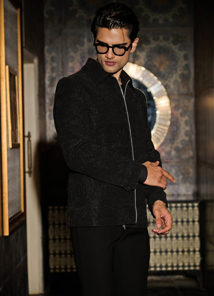 Contrast by Parth Black Lycra Suiting Bomber Jacket SetFabilicious Fashion