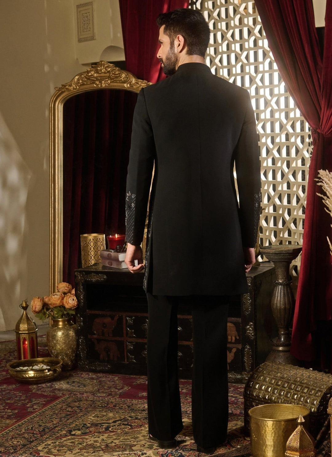 Contrast by Parth Black Lycra Suiting Jaal Sherwani SetFabilicious Fashion