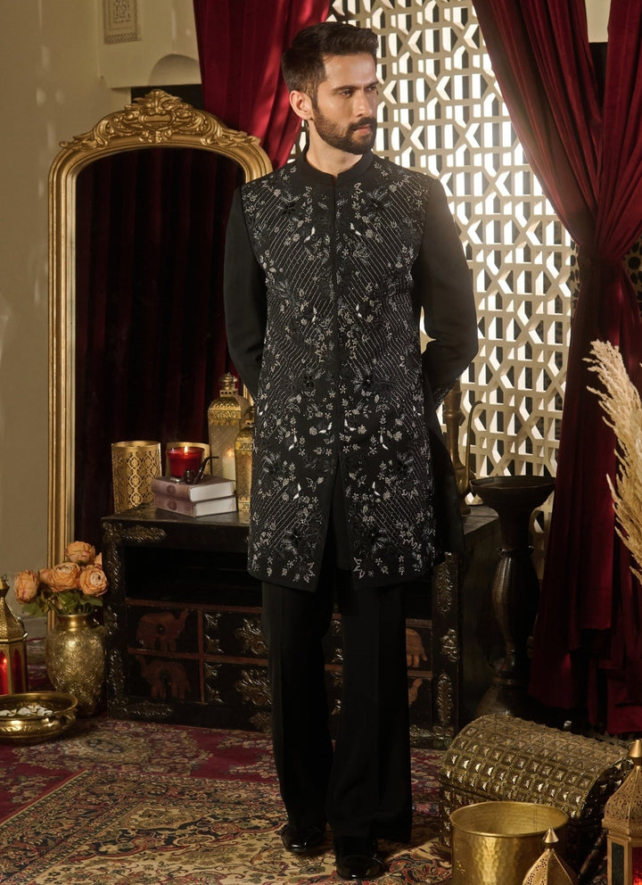 Contrast by Parth Black Lycra Suiting Jaal Sherwani SetFabilicious Fashion