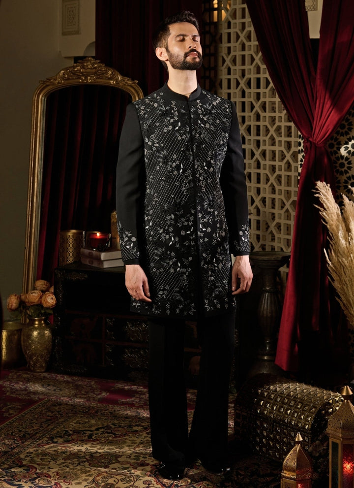Contrast by Parth Black Lycra Suiting Jaal Sherwani SetFabilicious Fashion