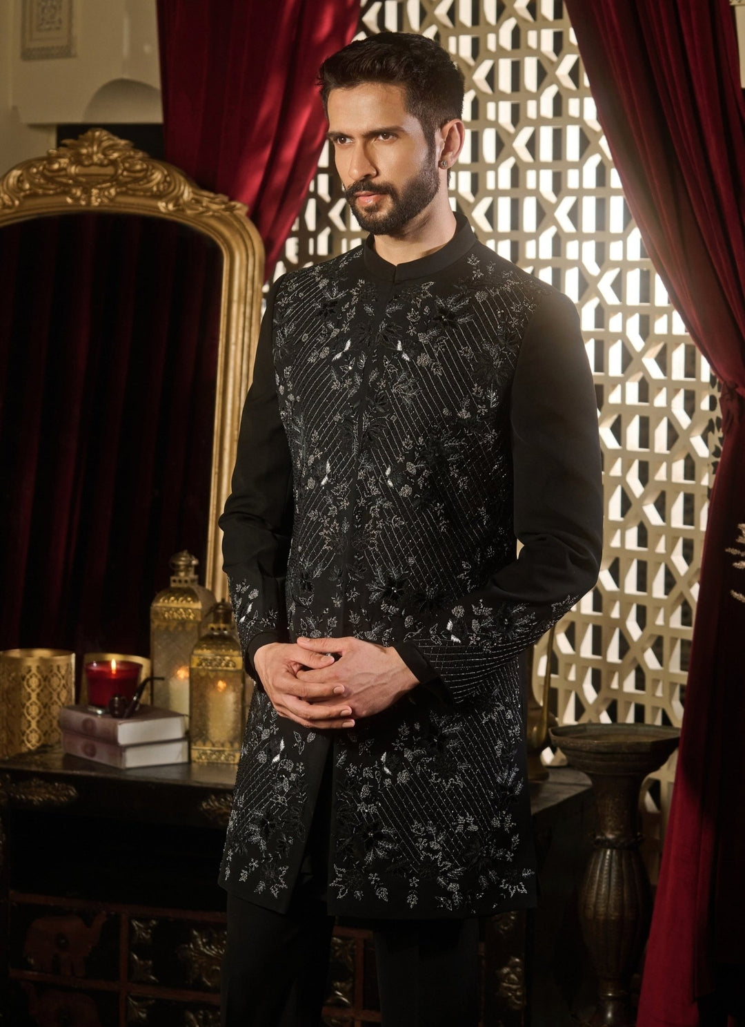 Contrast by Parth Black Lycra Suiting Jaal Sherwani SetFabilicious Fashion