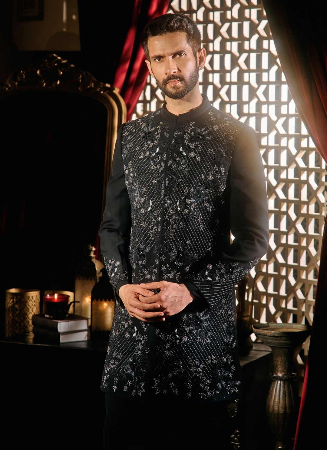 Contrast by Parth Black Lycra Suiting Jaal Sherwani SetFabilicious Fashion