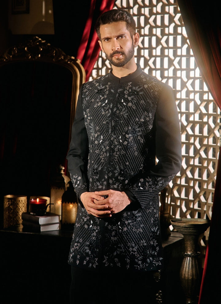 Contrast by Parth Black Lycra Suiting Jaal Sherwani SetFabilicious Fashion