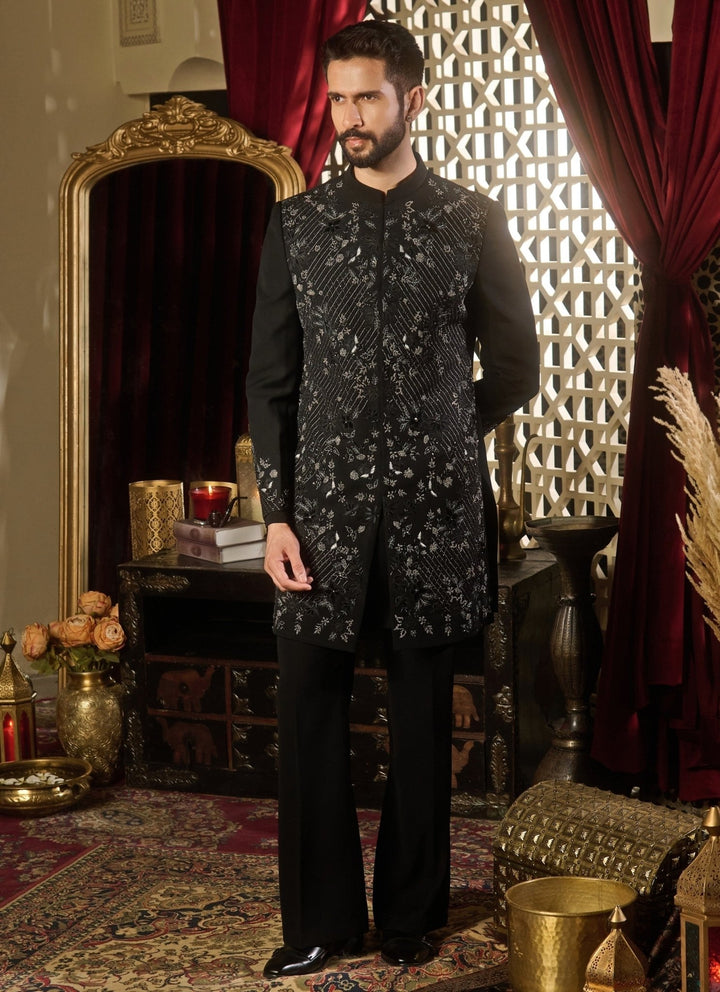 Contrast by Parth Black Lycra Suiting Jaal Sherwani SetFabilicious Fashion