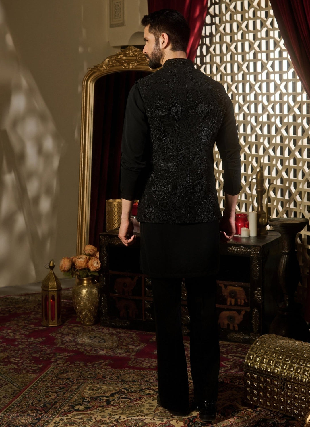 Contrast by Parth Black Lycra Suiting Nehru Jacket SetFabilicious Fashion