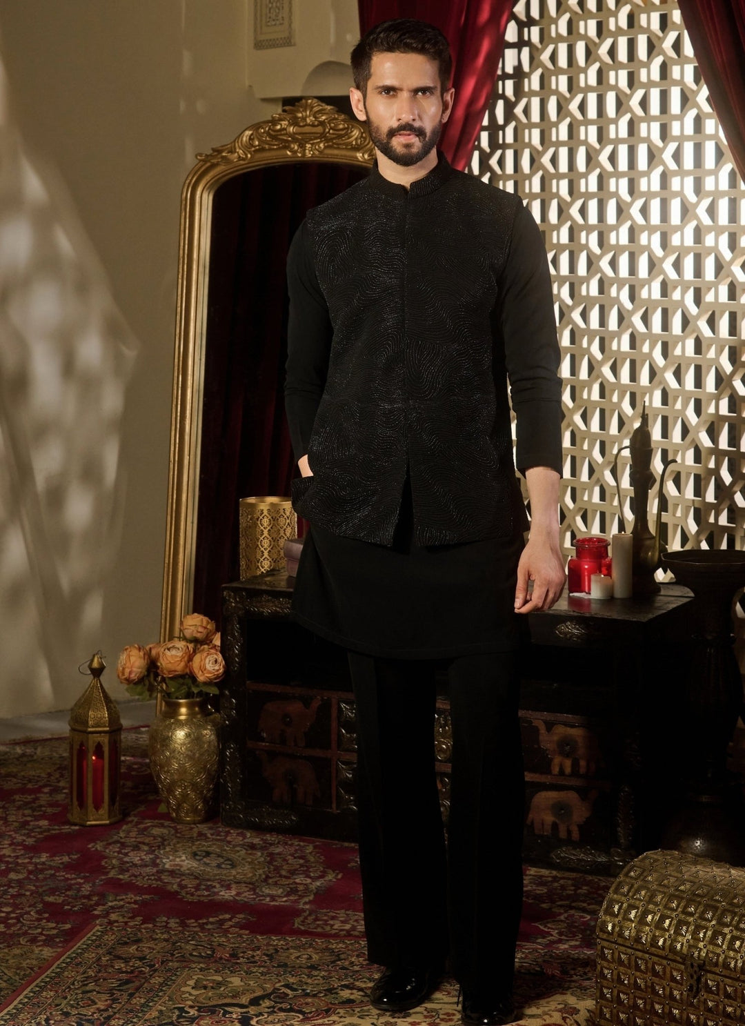 Contrast by Parth Black Lycra Suiting Nehru Jacket SetFabilicious Fashion