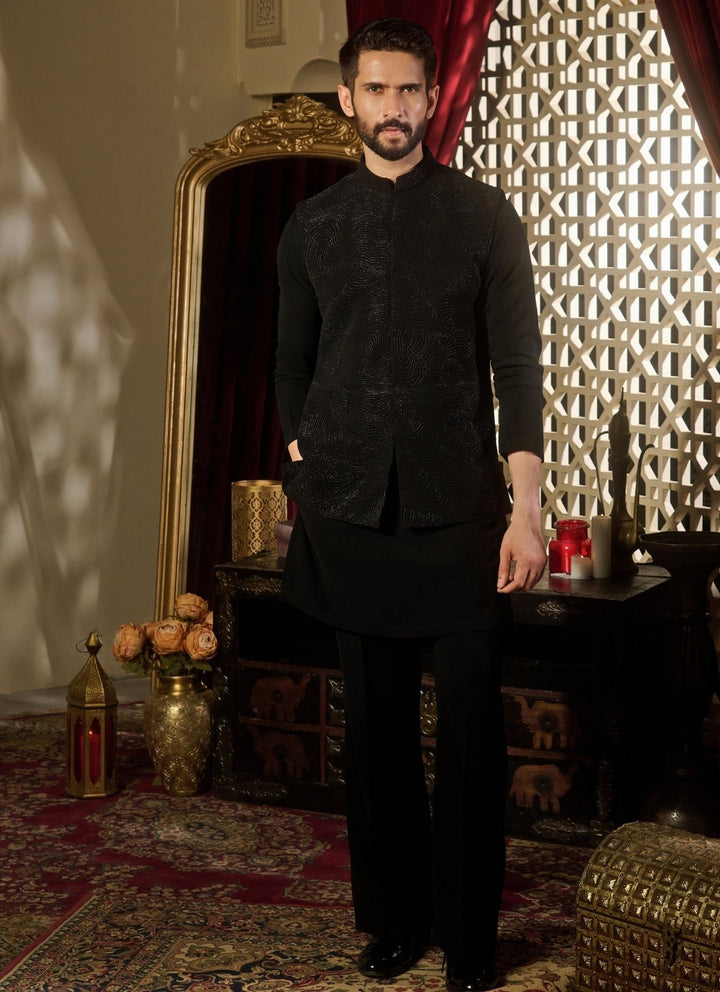 Contrast by Parth Black Lycra Suiting Nehru Jacket SetFabilicious Fashion