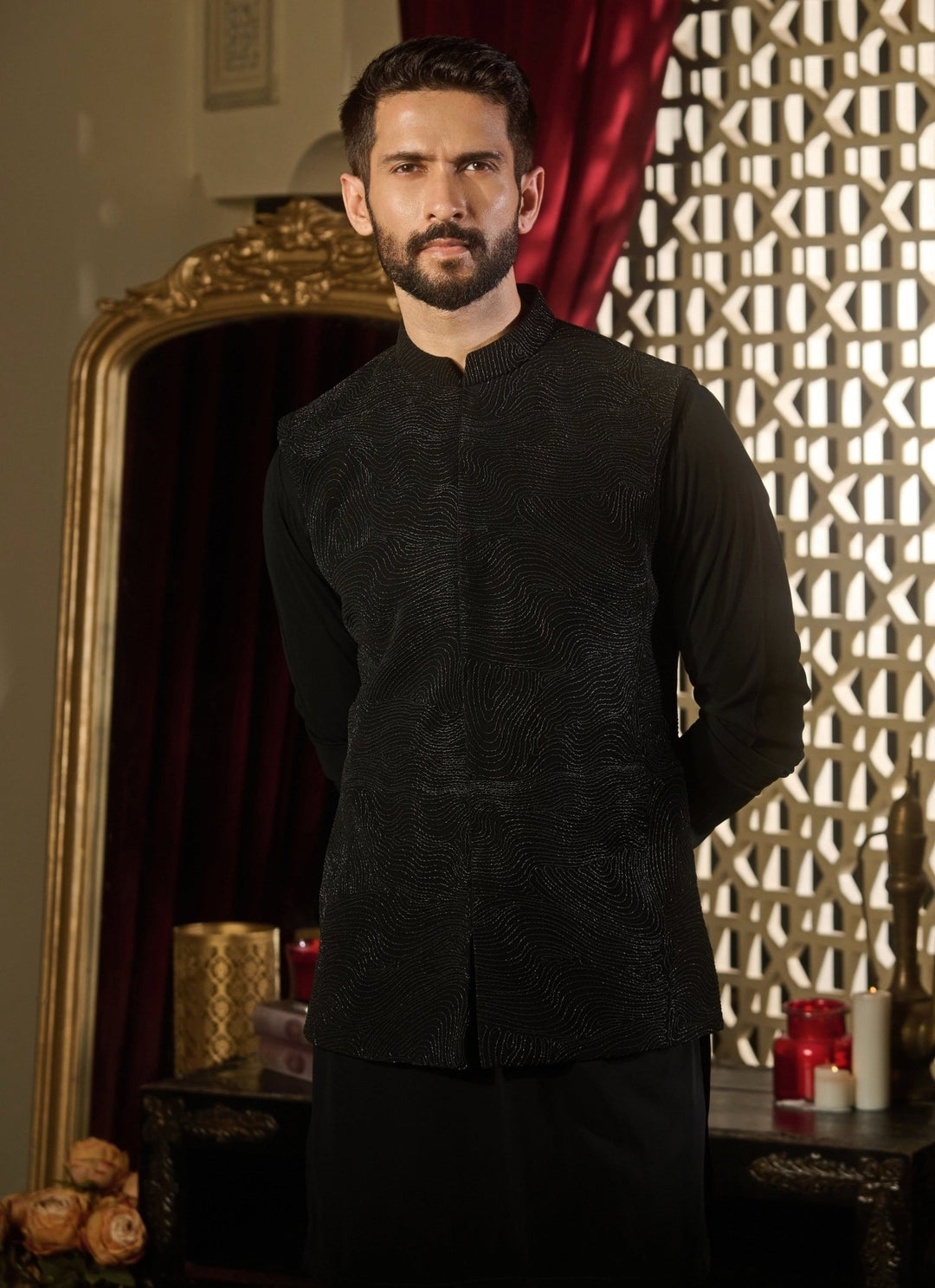 Contrast by Parth Black Lycra Suiting Nehru Jacket SetFabilicious Fashion