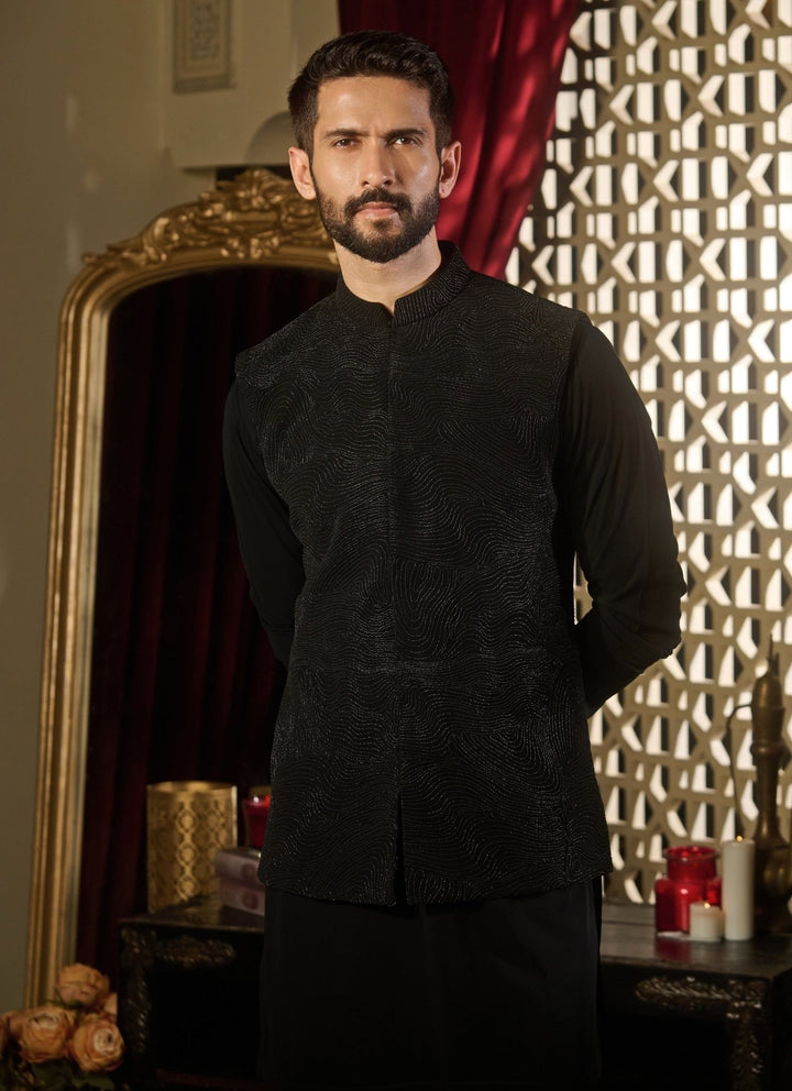 Contrast by Parth Black Lycra Suiting Nehru Jacket SetFabilicious Fashion