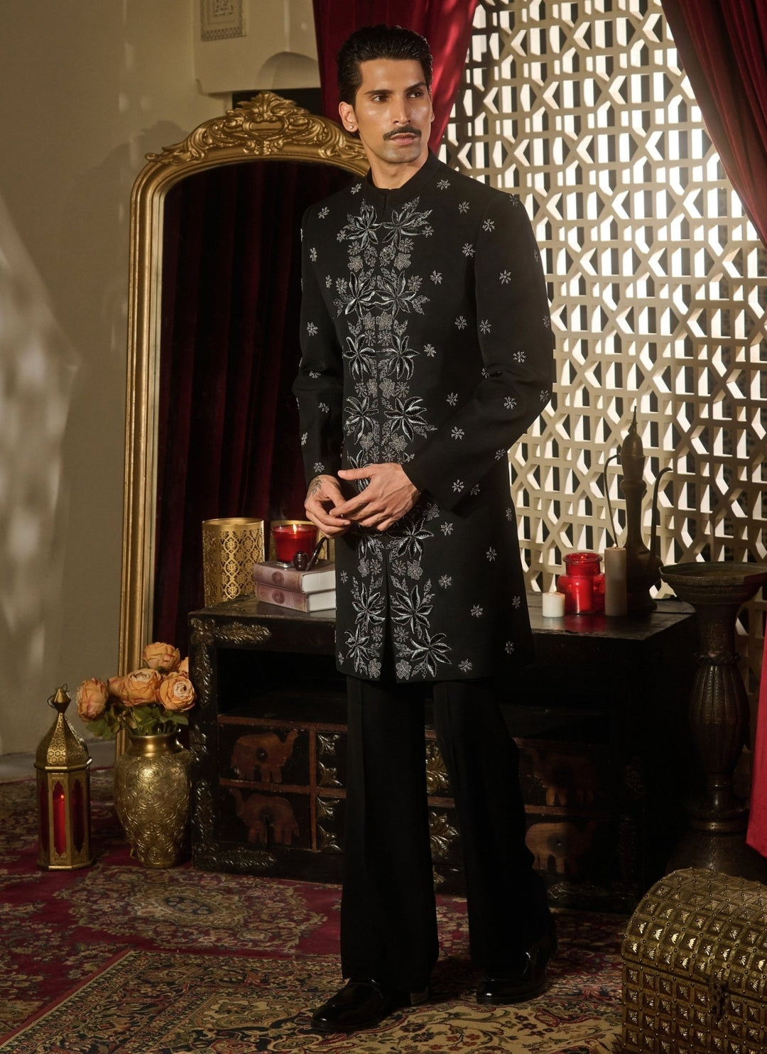 Contrast by Parth Black Lycra Suiting Sherwani SetFabilicious Fashion