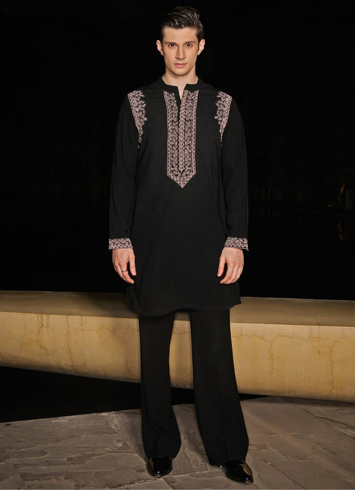 Black Mens Kurta Set With Pink Floral Embroidery Contrast By Parth - Fabilicious Fashion