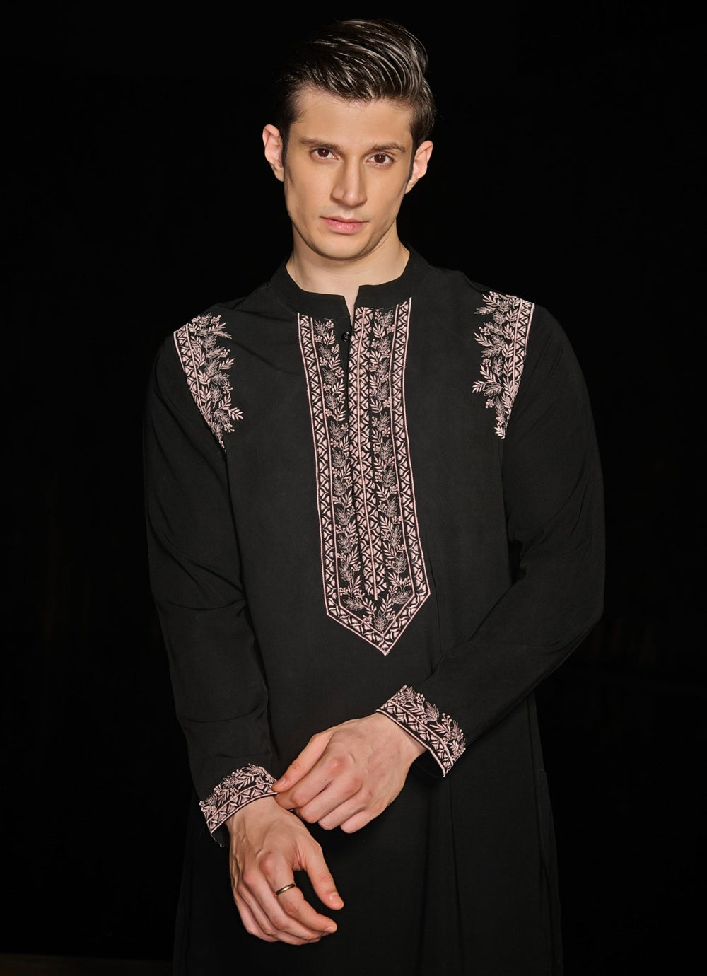 Black Mens Kurta Set With Pink Floral Embroidery Contrast By Parth - Fabilicious Fashion