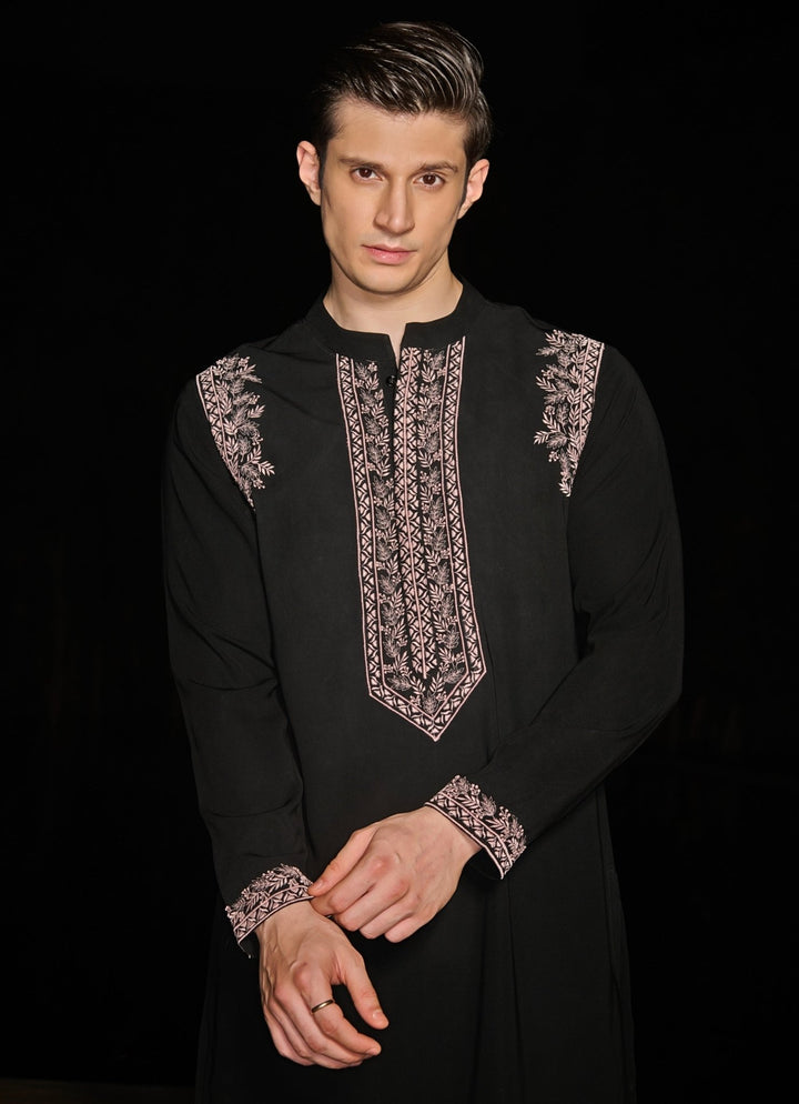 Black Mens Kurta Set With Pink Floral Embroidery Contrast By Parth - Fabilicious Fashion