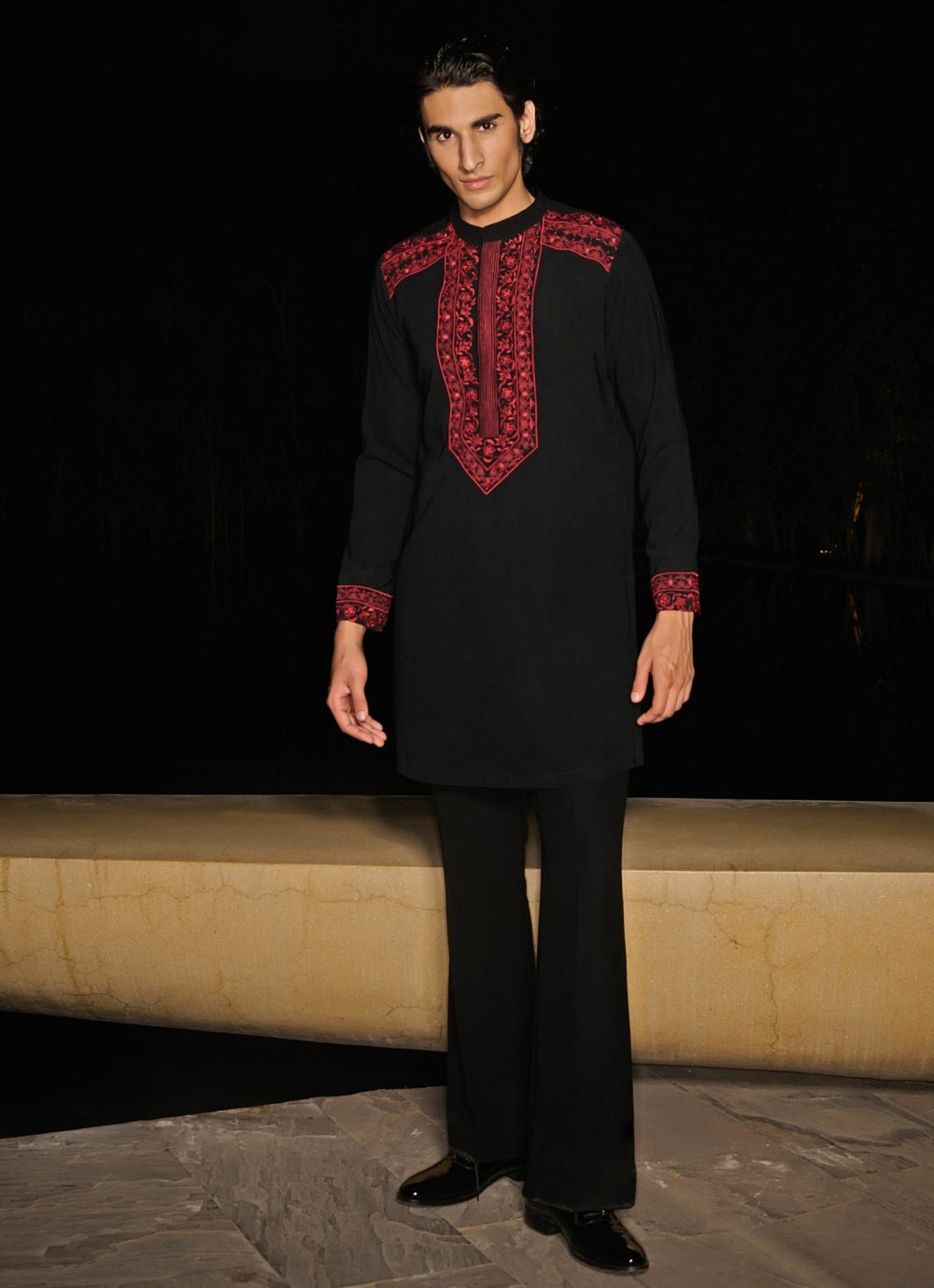 Black Mens Kurta Set With Red Floral Embroidery Contrast By Parth - Fabilicious Fashion