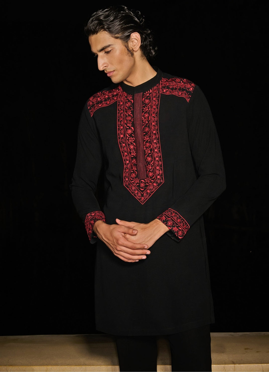 Black Mens Kurta Set With Red Floral Embroidery Contrast By Parth - Fabilicious Fashion