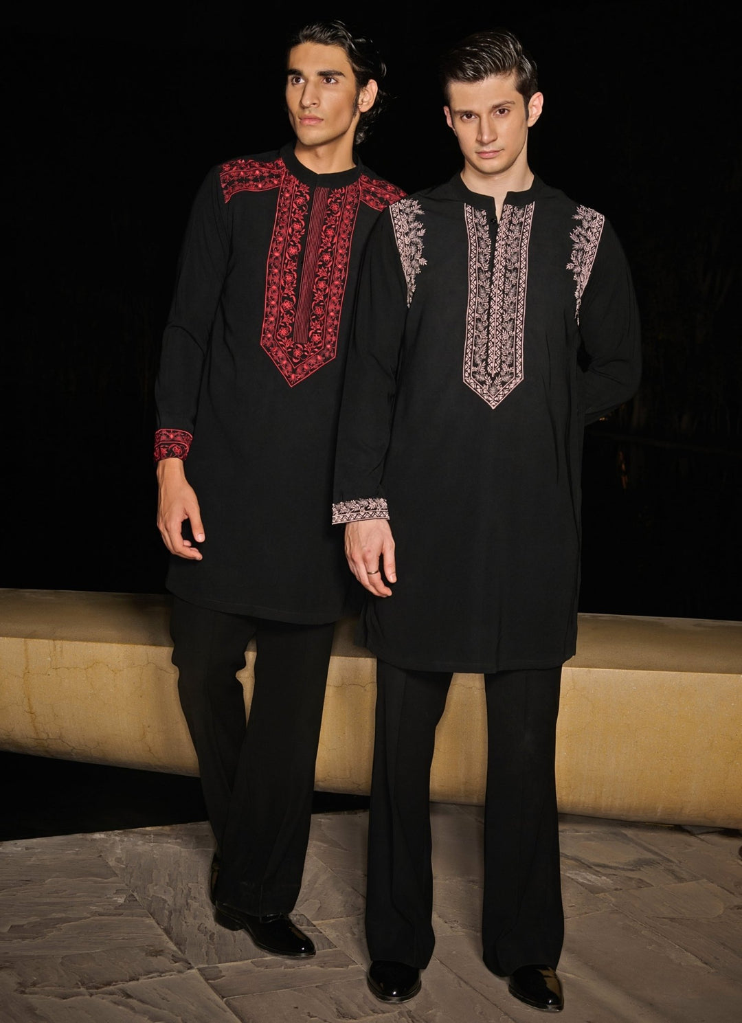 Black Mens Kurta Set With Red Floral Embroidery Contrast By Parth - Fabilicious Fashion