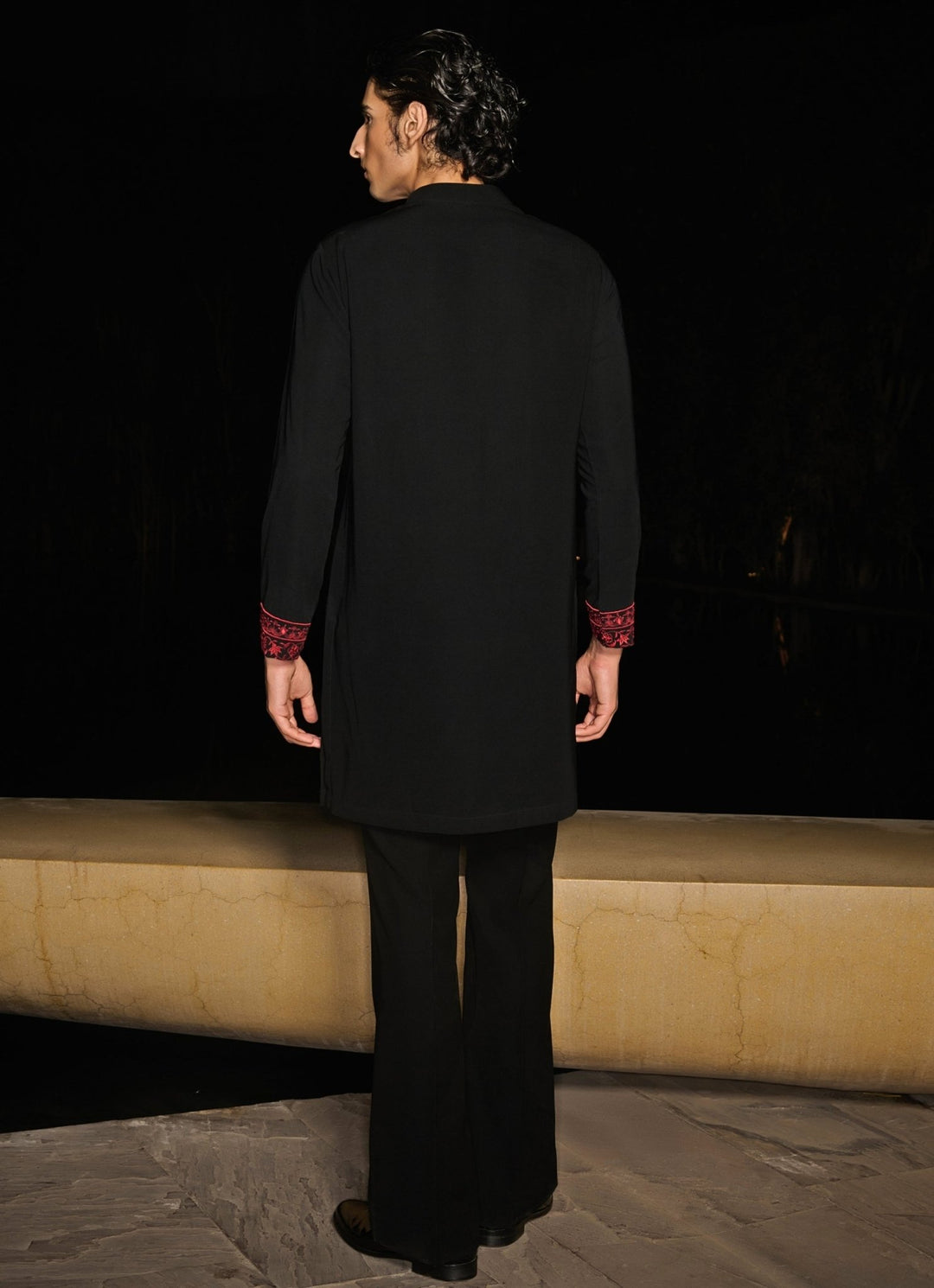 Black Mens Kurta Set With Red Floral Embroidery Contrast By Parth - Fabilicious Fashion
