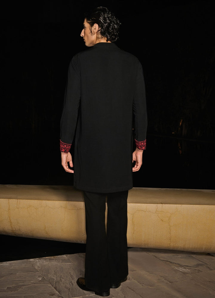 Black Mens Kurta Set With Red Floral Embroidery Contrast By Parth - Fabilicious Fashion