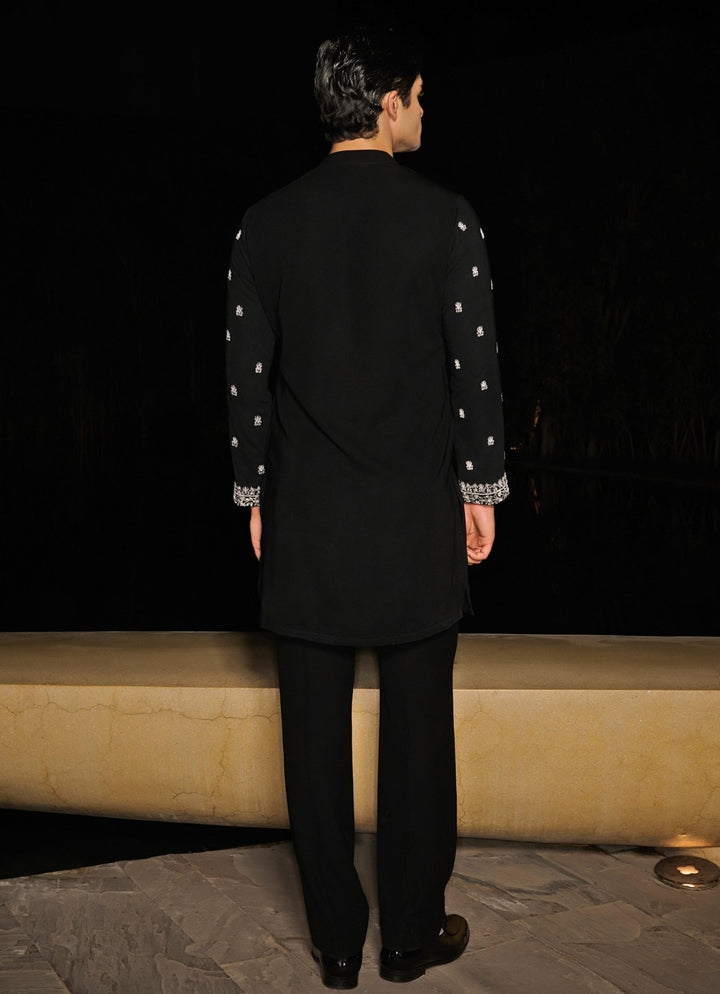 Black Mens Kurta Set With White Embroidery Contrast By Parth - Fabilicious Fashion