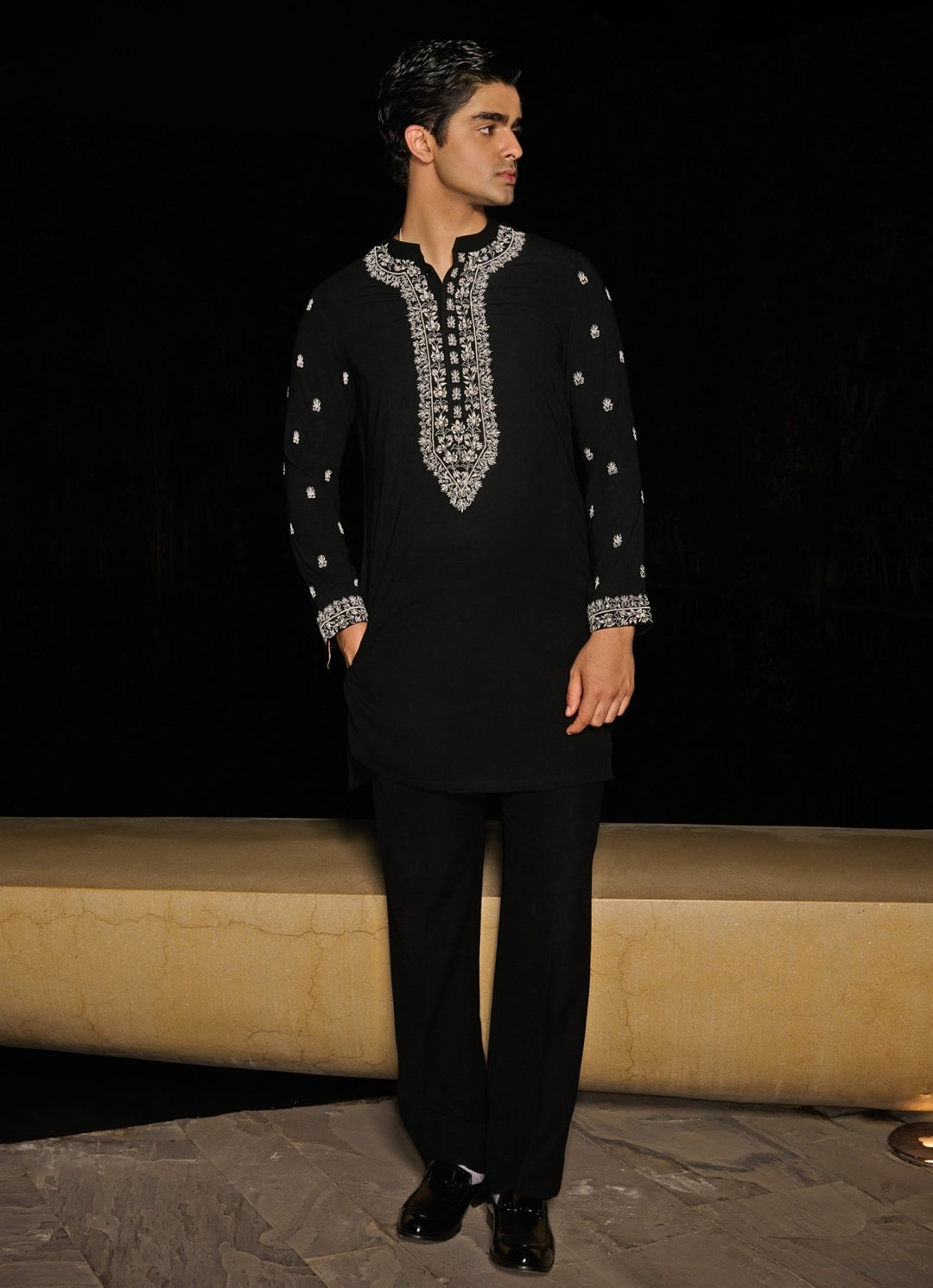 Black Mens Kurta Set With White Embroidery Contrast By Parth - Fabilicious Fashion