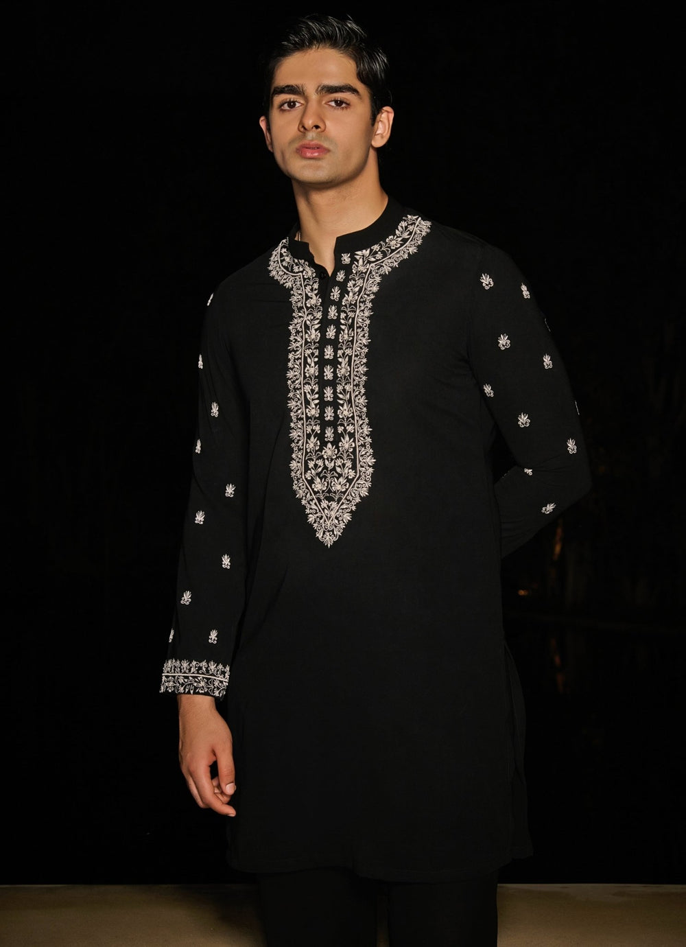 Black Mens Kurta Set With White Embroidery Contrast By Parth - Fabilicious Fashion