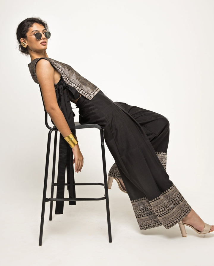 Black Metallic Brocade Top With Pleated Pants Sobariko - Fabilicious Fashion