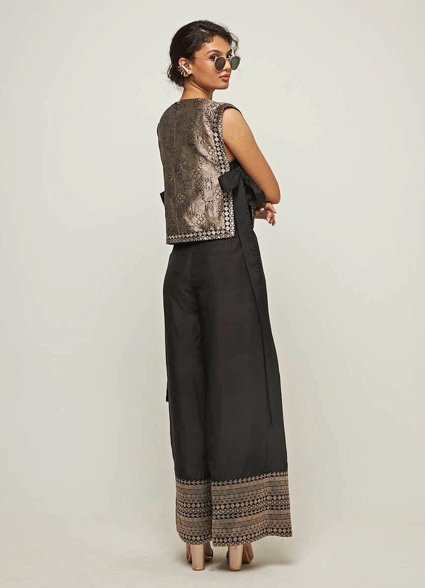 Black Metallic Brocade Top With Pleated Pants Sobariko - Fabilicious Fashion