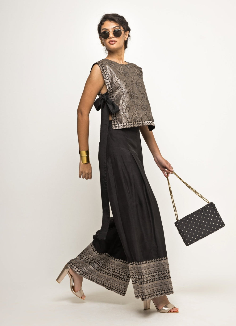 Black Metallic Brocade Top With Pleated Pants Sobariko - Fabilicious Fashion