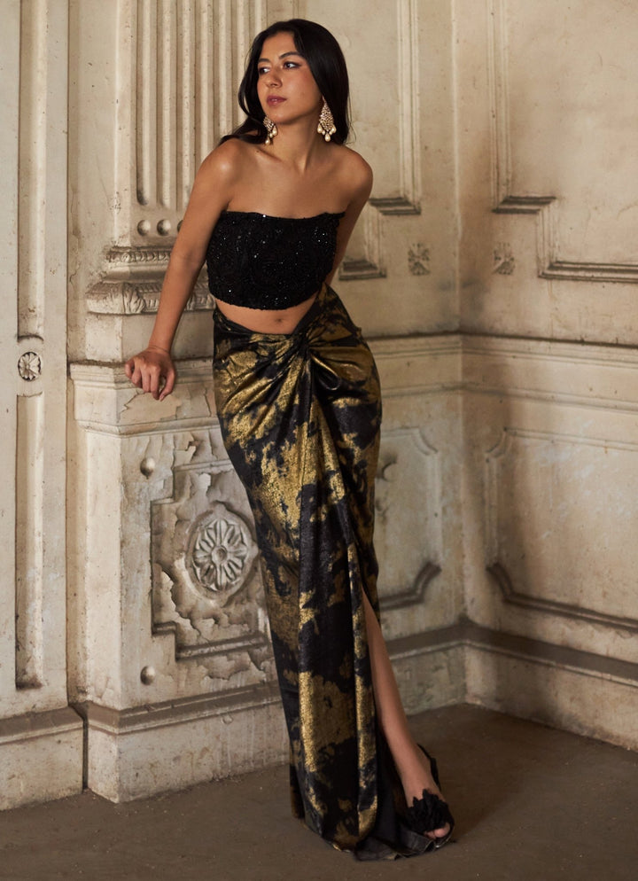 Black Metallic Knot Skirt With Baroque Corset Duara - Fabilicious Fashion