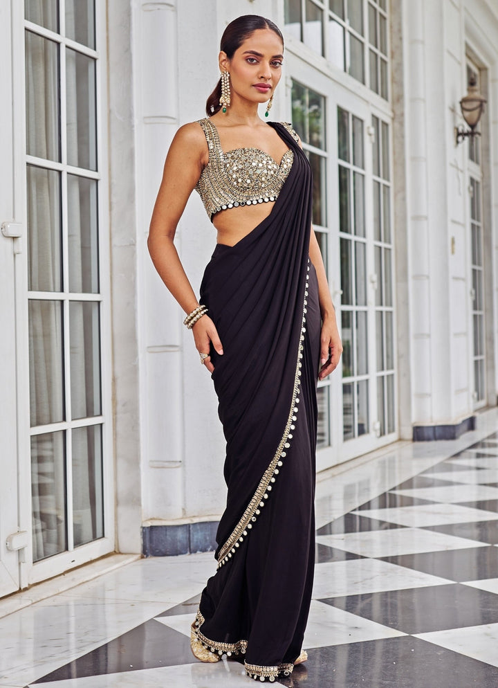 Black Mirrorwork Crepe Predraped Saree Set Nidhika Shekar - Fabilicious Fashion