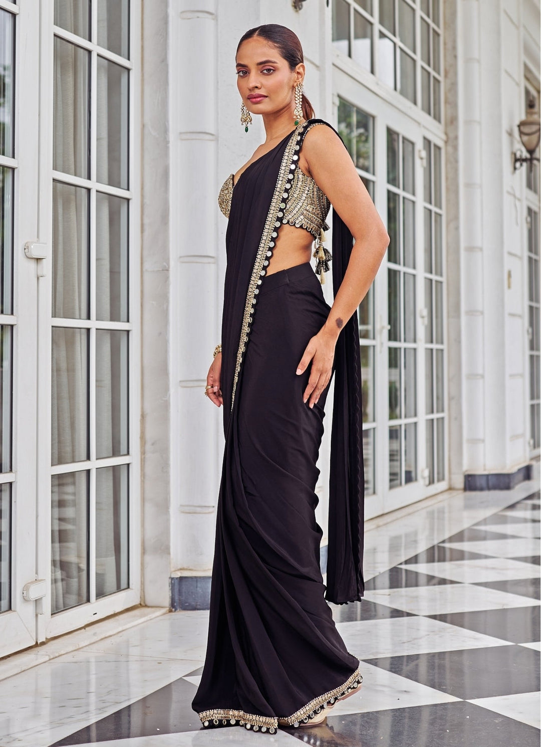 Black Mirrorwork Crepe Predraped Saree Set Nidhika Shekar - Fabilicious Fashion