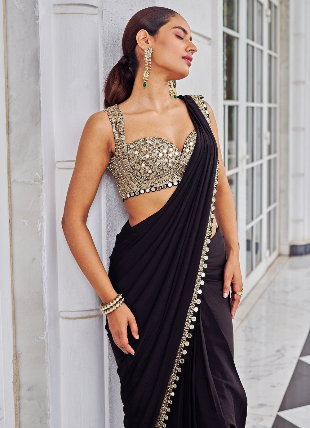 Black Mirrorwork Crepe Predraped Saree Set Nidhika Shekar - Fabilicious Fashion