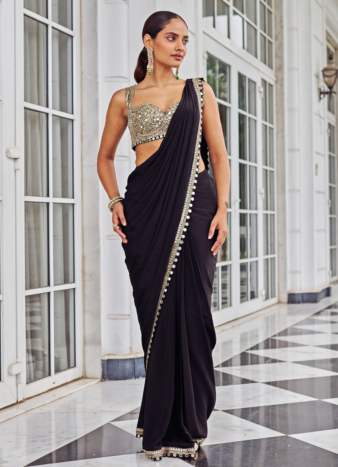 Black Mirrorwork Crepe Predraped Saree Set Nidhika Shekar - Fabilicious Fashion